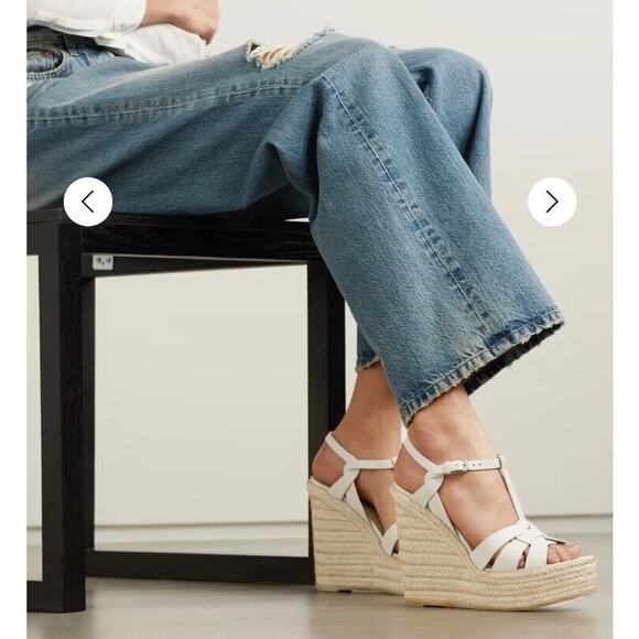 Saint Laurent Tribute T-Strap Espadrille Platform Wedge Sandals White Leather - Picture 10 of 10